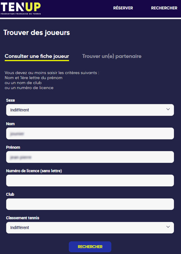 Tenup - Formulaire de recherche d'un joueur de tennis