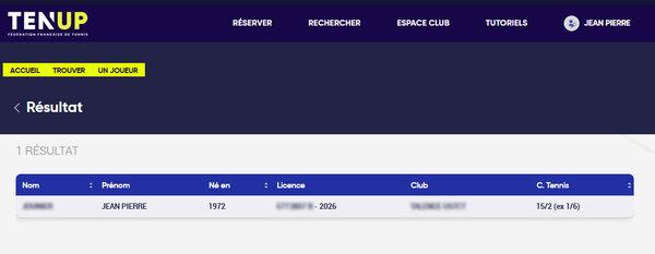 Tenup - Résultats de la recherche d'un joueur de tennis